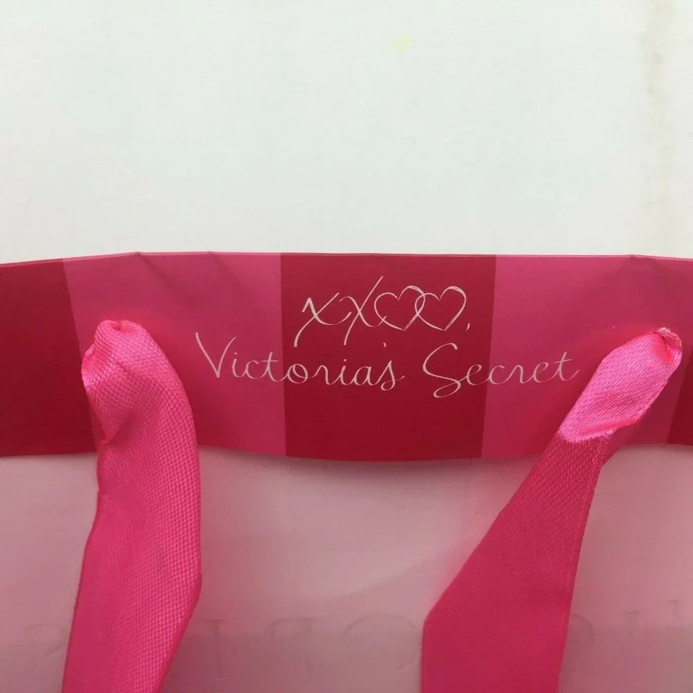 Victorias Secret Shopping Bag Ribbon Strings Pink Striped Reusable Gift Bag Set